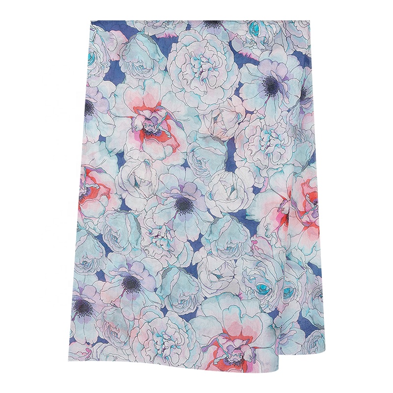 light blue floral soft chiffon silk fabric natural silk digital print 8mm real mulberry silk cloths for chiffon scarf dress
