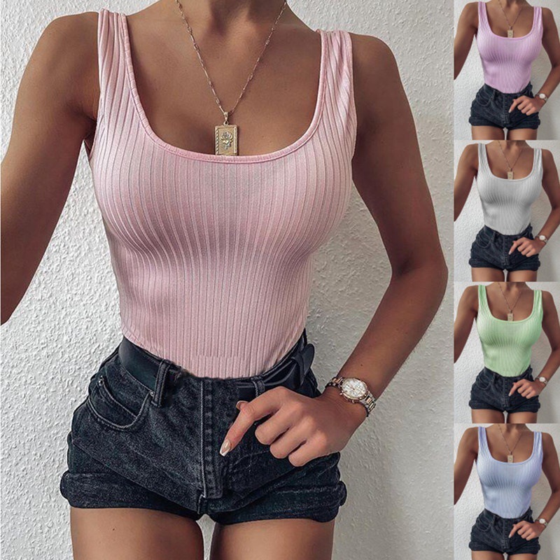 Tanktop Debardeur Woman Undershirt Threaded Slim Low-cut U-neck Base Sports Vest White Sleeveless Camisoles Gym Girls Top Tank