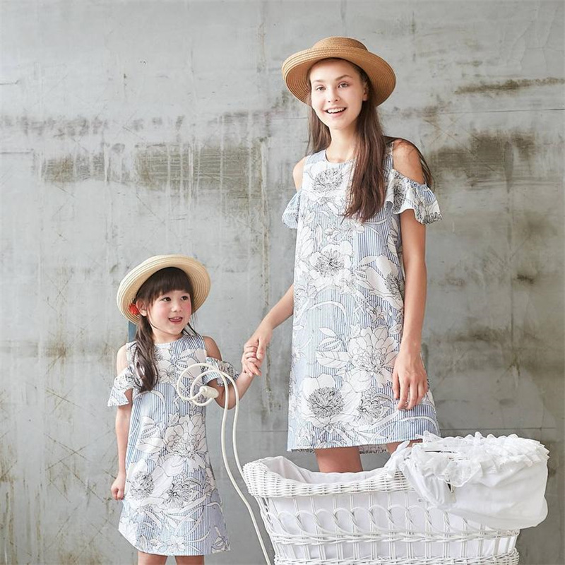Wish Ebay Hot Sale Summer Child Parent Skirt Strapless Mom Girl Frock Flower Family Dress Outfits