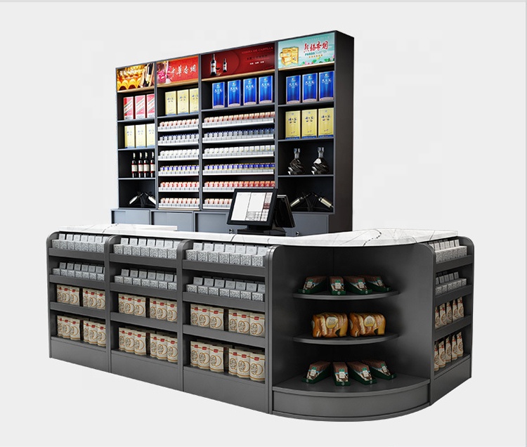 Hot sale product checkout counter wooden cashier check table sample design stone grain wood materials grocery shop counter rz