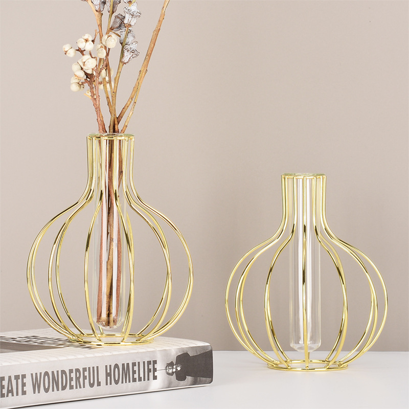 Wrought Iron Flower Stand Transparent Glass Test Tube Hydroponic Small gold metal Vase Desktop Home Decoration decor