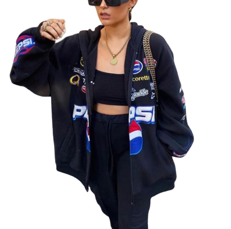 2021 Winter Printed Hip Hop Streetwear Jackets Stand Collar Casual Loose Long Sleeve Jacket Women