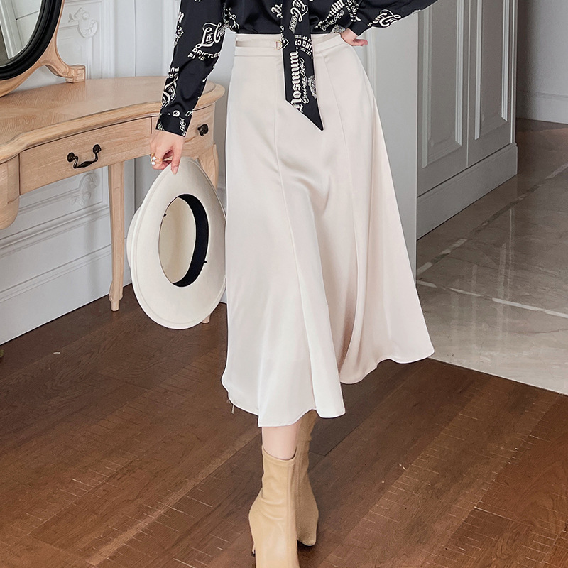 White collar high waist slimming quality half skirt new autumn 2021 a-word knee-length half skirt