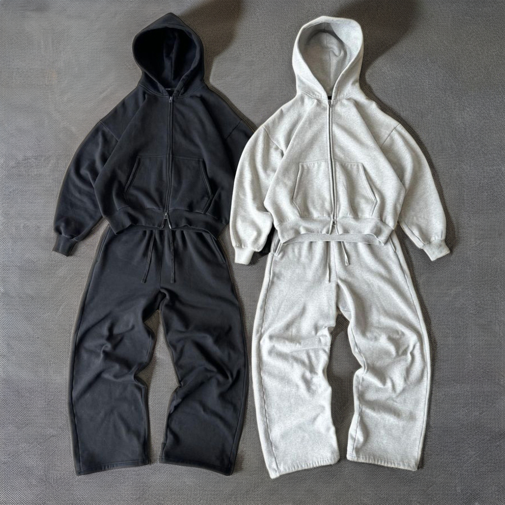 Wholesale custom logo men's cotton blank plain tracksuit cropped boxy zip up hoodie and flared sweatpants set sweat suits men