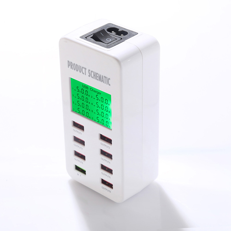 USB Desktop Charging Station 8 Port USB Wall Charger with LCD Display Smart IC Auto Detect Technology for Smartphones Tablets