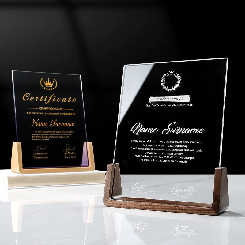 Cheap Customized Glass Wood Shield Trophy UV Printing Awards Blank Plaque With Wooden Base