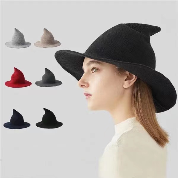 Wholesale Winter Halloween Witch Wide Brim Bucket Hat Foldable Pointed Hat Cosplay Female Knitted Hats