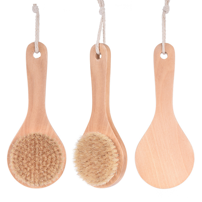 Long Handle Wet or Dry Shower Brush Silicone Bamboo Wooden Bath Brush with Soft and Stiff Bristles