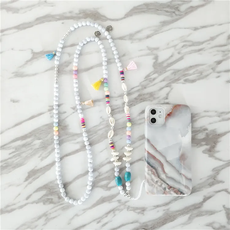 Custom Handmade Plastic Acrylic Pearl Wood Bead Tassel Fuzzy Ball Shell Necklace Phone Case Straps Neck Crossbody Purse Chain