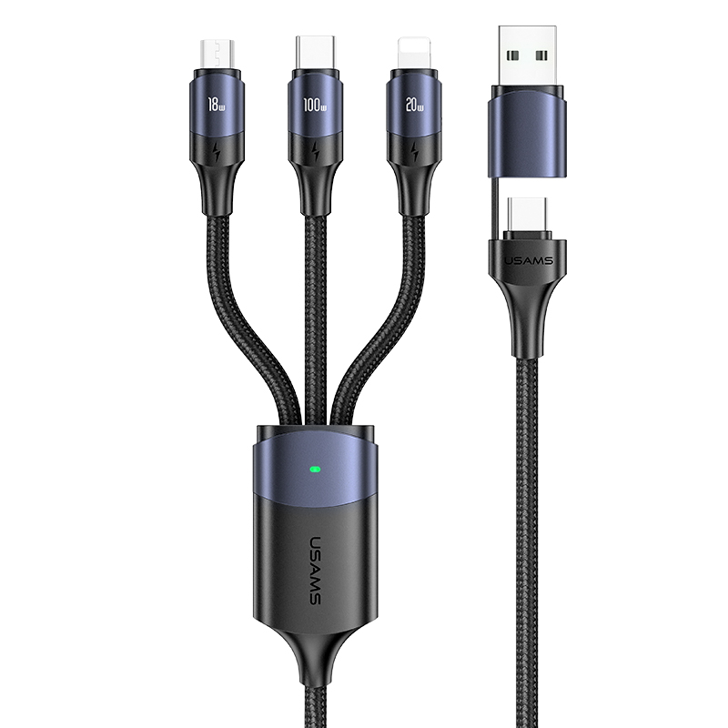 USAMS SJ511 все в одном из алюминиевого сплава USB/Type-C Быстрая зарядка и кабель для передачи данных 100 Вт 1,2 м
