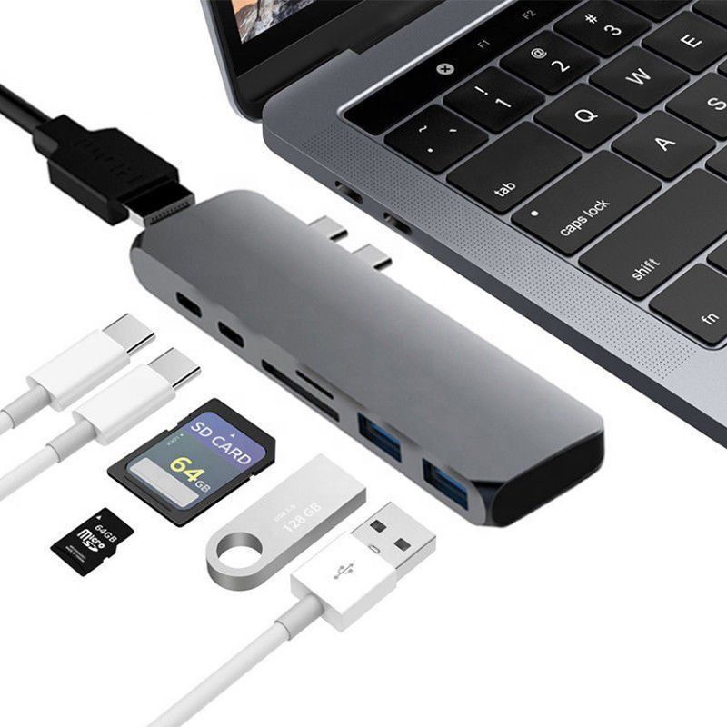 7в1 USB-C концентратор двойной Type-C многопортовый кардридер адаптер 4K HD для MacBook Pro