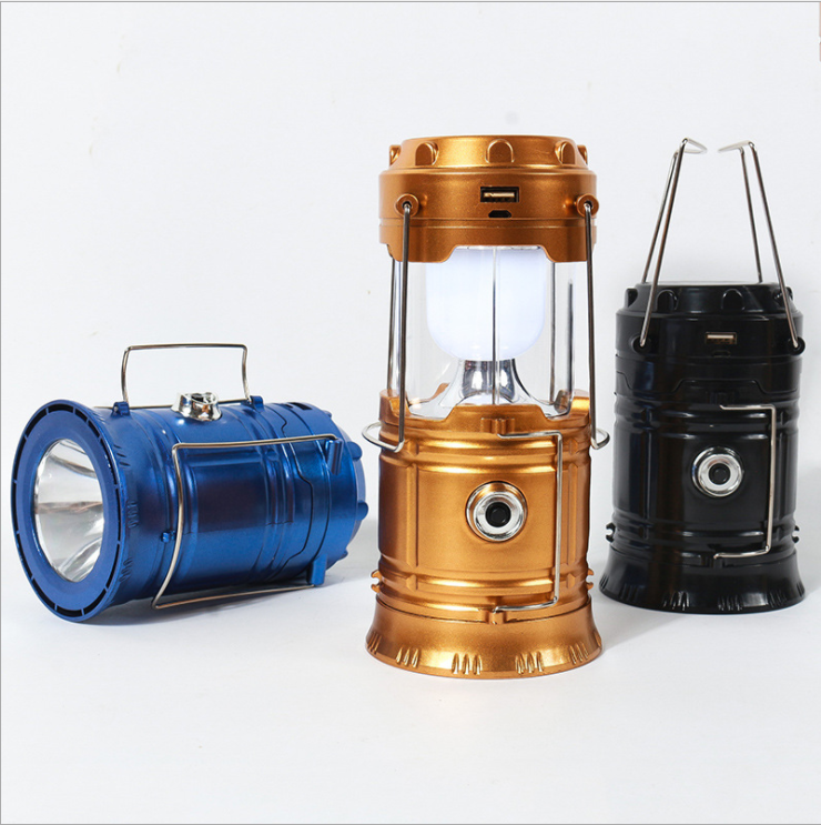 Portable, collapsible, solar-charged, waterproof camping lamp for outdoor travel