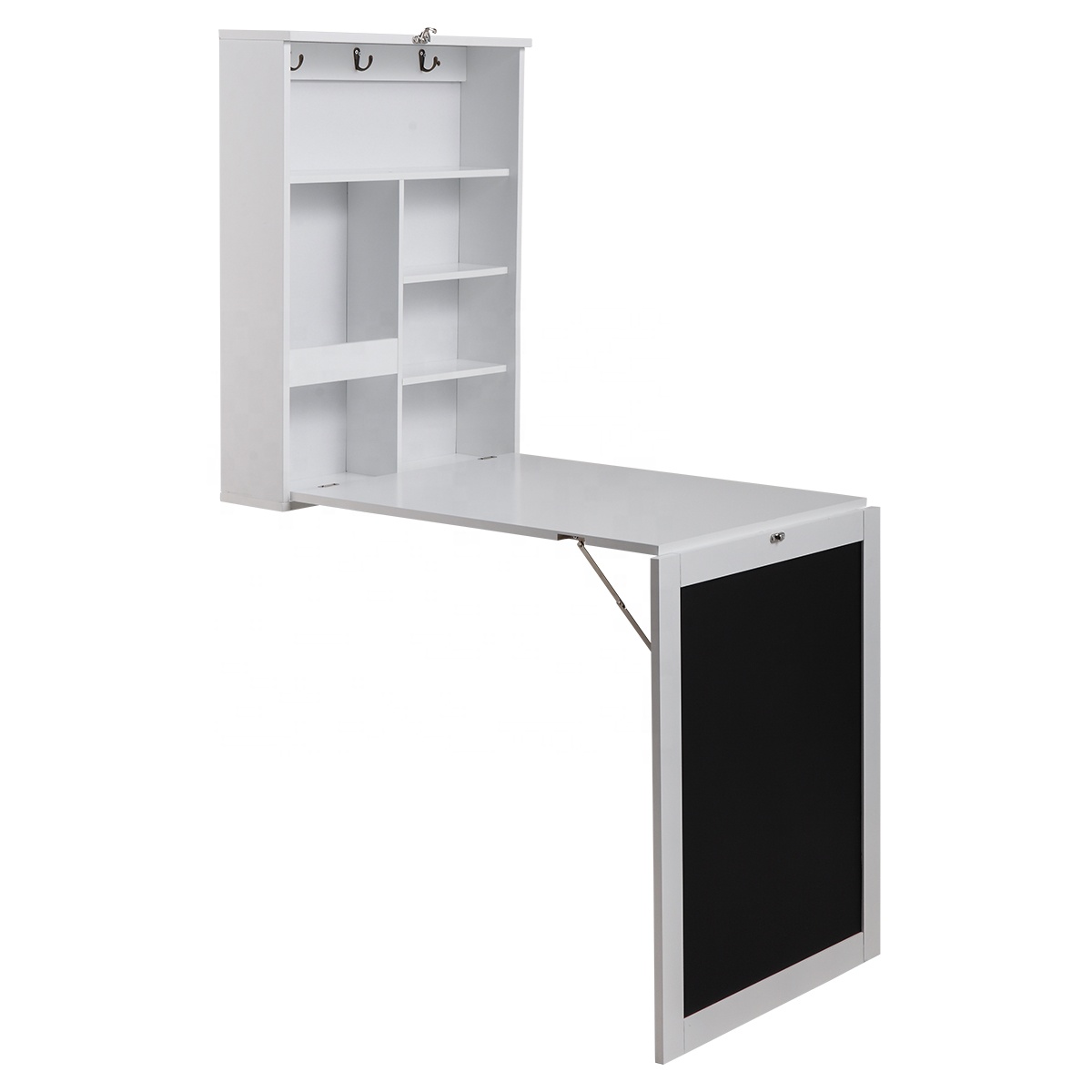 Floating Wall Mounted Table, Foldable Desk with Storage Shelves and Blackboard - black+white