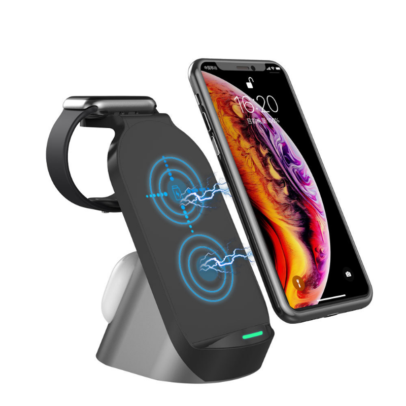High Quality Desktop Vertical Mobile Phone Stand Multifunctional 3 In 1 Wireless Charger 15W Fast Charging For Apple Huawei