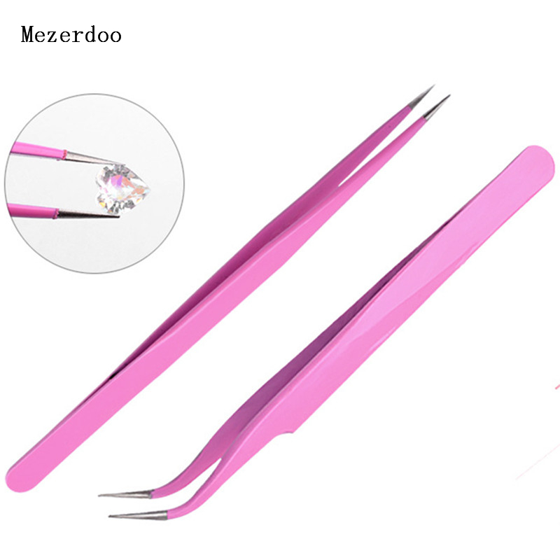 Picking Tool Pink Stainless Steel Eyelash Extension Curved Straight Tip Nippers Tweezer Nail Tool Beauty Eye Makeup