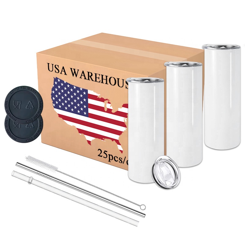 Usa Warehouse 20oz Double Wall Skinny Sublimation Blanks Mugs Stainless Steel Tumblers with Straw and Rubber Bottom