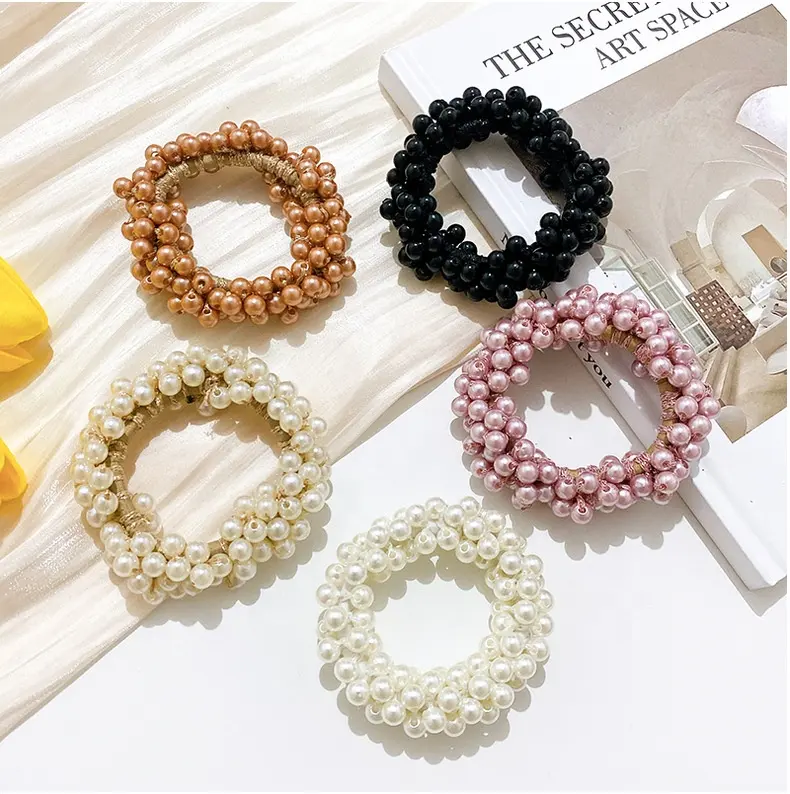 Handmade Crochet Candy White Full Crystal Pearls Ponytail Scrunchies Ties Elastic Rubber Hair Accessories Women Pearl Hair Bands
