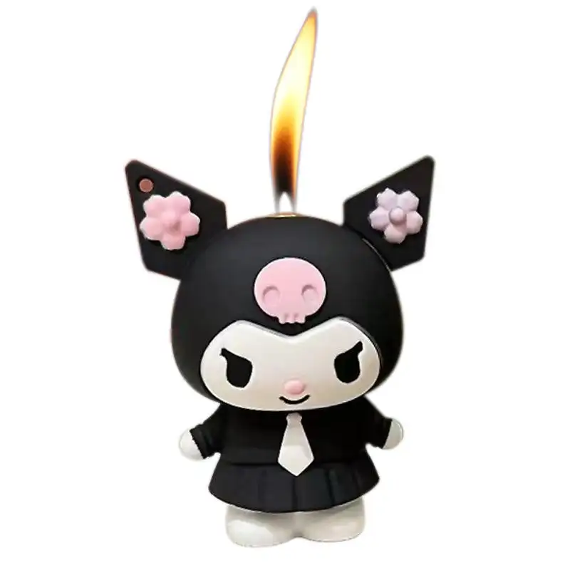 New Pink Black Purple Cute Kuromi Open Fire Gas Cigarette Lighter With Necklace Cute Lighter for Girls Gift