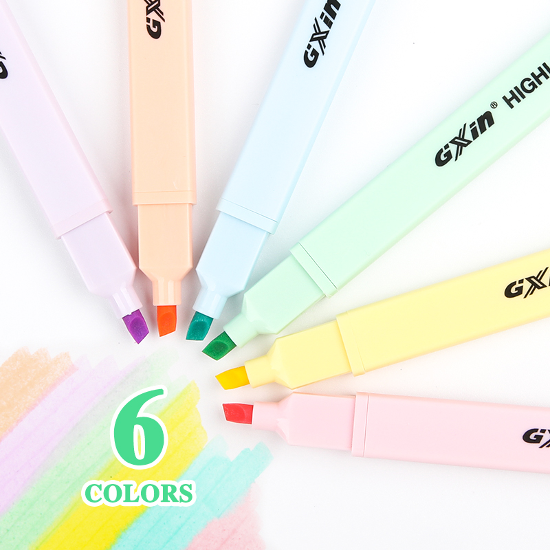 Gxin G-343pastel Acceptable Supplier Colorful Soft Nylon/Chisel Nib Square Size highlighter Pen Set With Clip