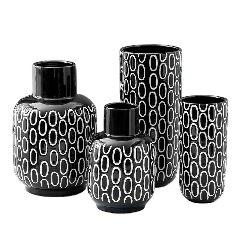 Factory Direct Supply Luxury Black Ceramic Vase Planter with White Oval Design for Home Decoration, Hotel Decoration