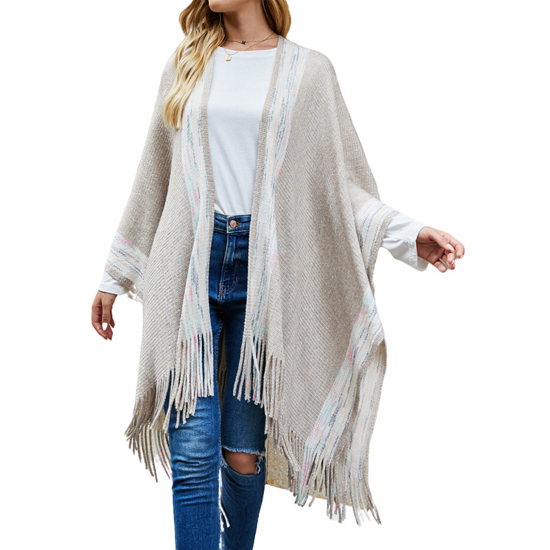 2021 Hot sale new women's loose striped cloak tassel cardigan shawl sweater