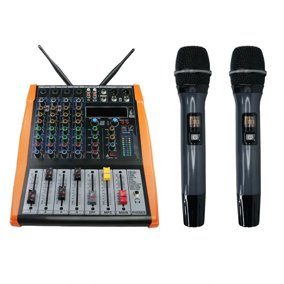 New Design 4 Channel China Facory Price Digital Audio Sound Mixer With Dual Wireless Handheld Microphone For Voice Recording