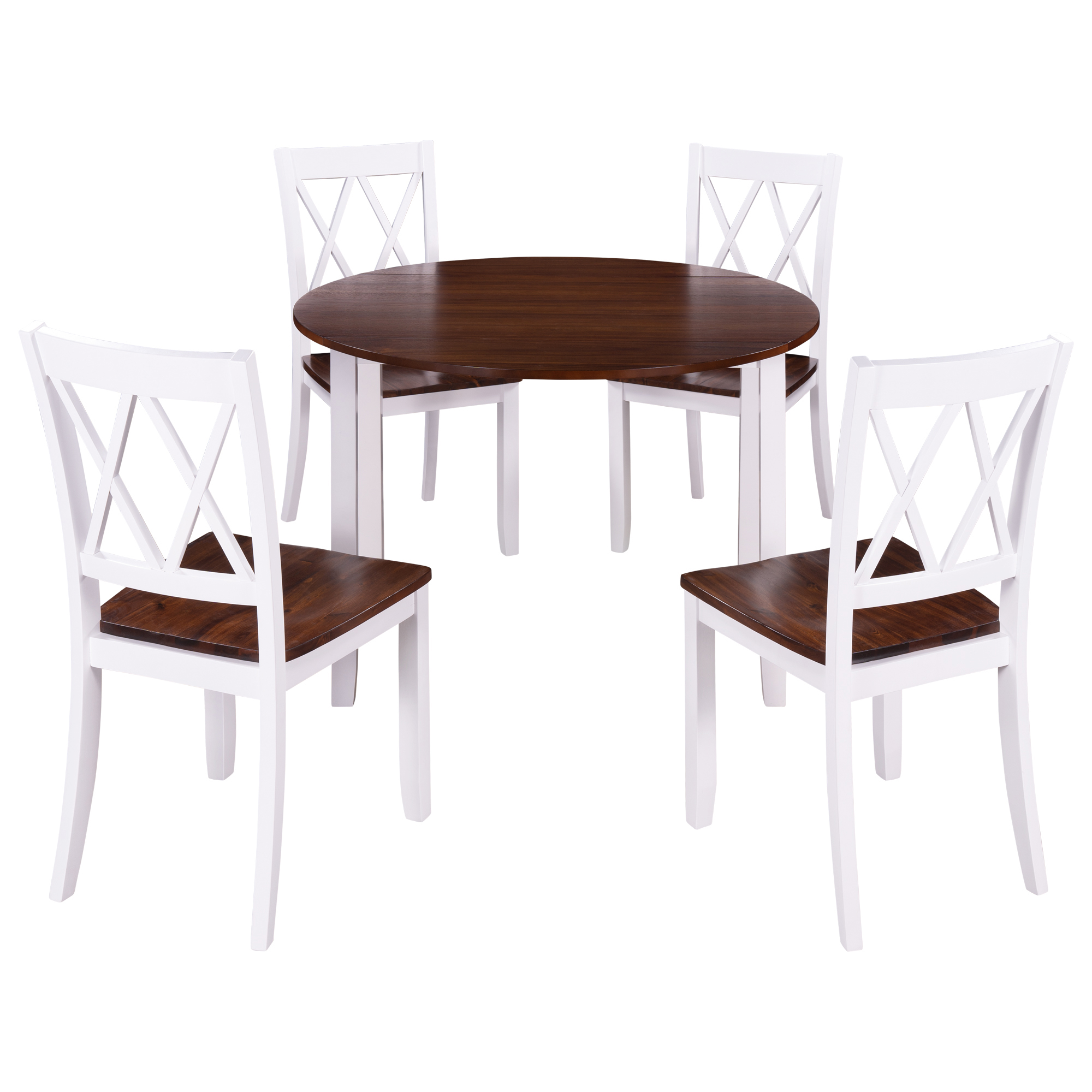 TOPMAX Dining Table Set Round Wood Drop Leaf 5 Pieces Dining Set with 4 Cross Back Chairs for Small Place   White+ Cherry