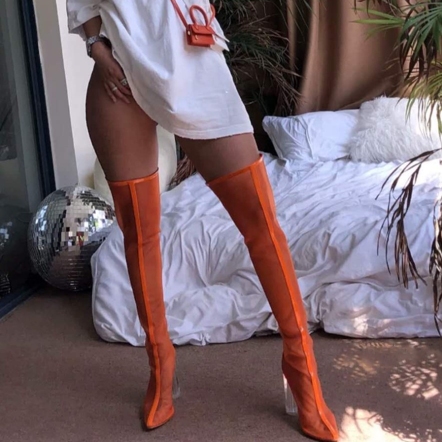 LW-M2911 2020 Factory Wholesale Latest Design Fashionable Summer Rubber Women Mesh Orange Gery High Heel transparent boot