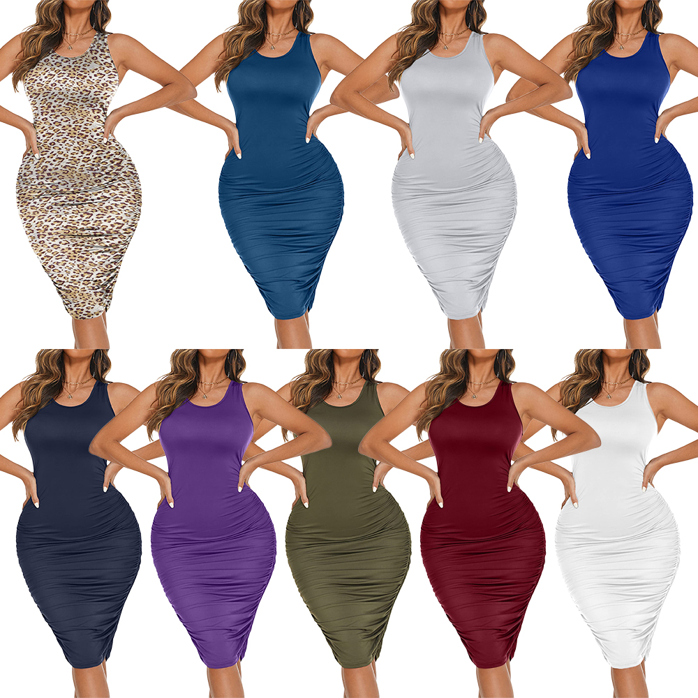 Дропшиппинг S-3Xl летняя модная одежда со складками Bodycon Эластичный без рукавов платье миди женские платья