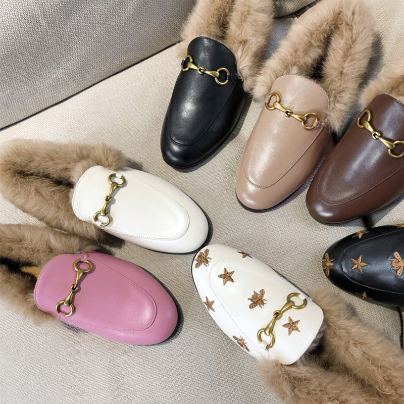 2021 superstar Cow Leather Rabbit Fur Low Heels Winter Shoes Woman Autumn Keep Warm embroidery Flowers Decoration Round Toe