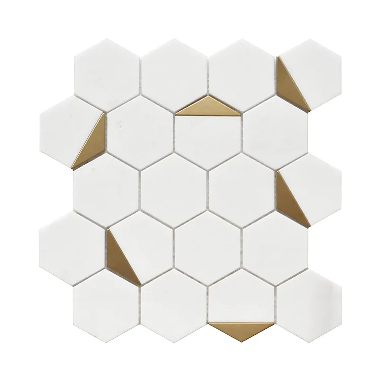 new design hexagonal honeycomb thassos white marble with brush gold stainless steel mosaic tile