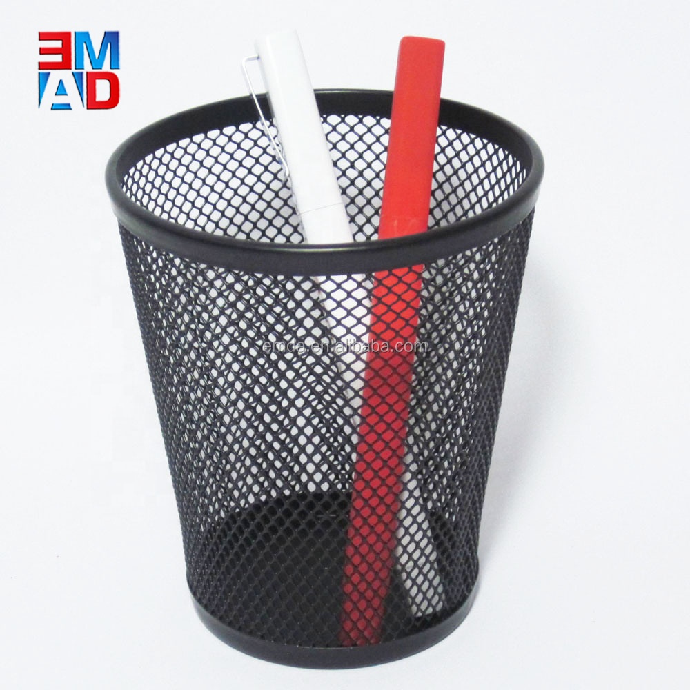 Office desktop black 9cm round pencil holder metal wire mesh ball pen holder