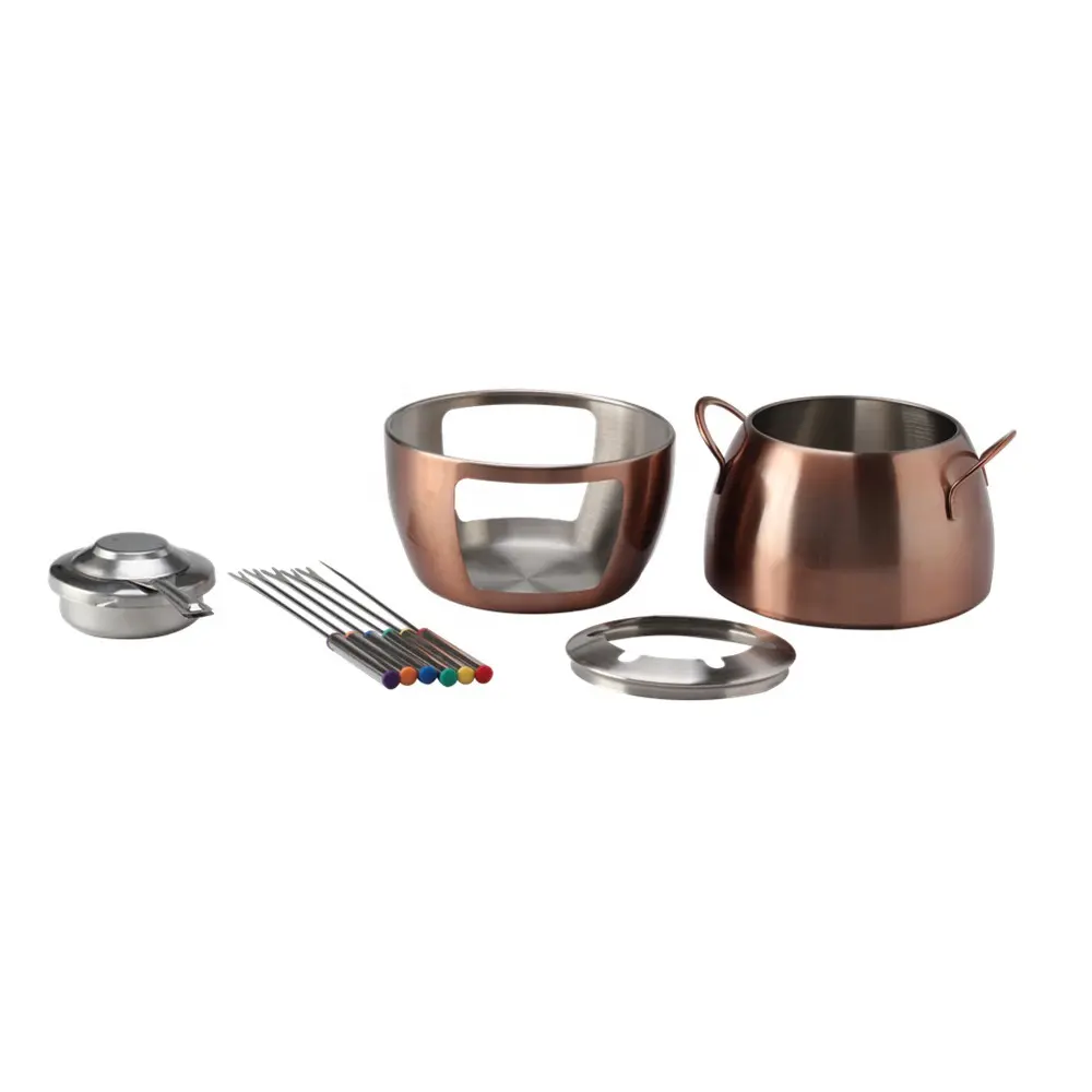 Stainless Steel Fondue Set With 6 Color-Coded Forks Fondue Burner --Copper