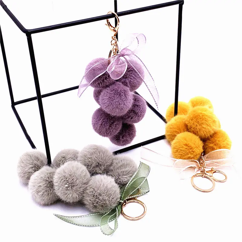 Creative Grape Fruit Key Chain Cute Bag Plush Pendant Lace Bowknot Furry Ball Bag Accessories Keychain