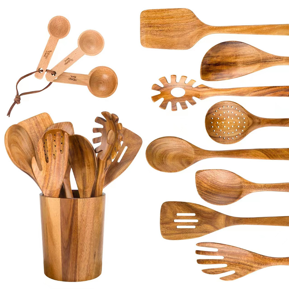 12 PCS Kitchen Cooking Wooden Measuring Spoon Spatula Natural Acacia Wood Kitchen Utensils Set