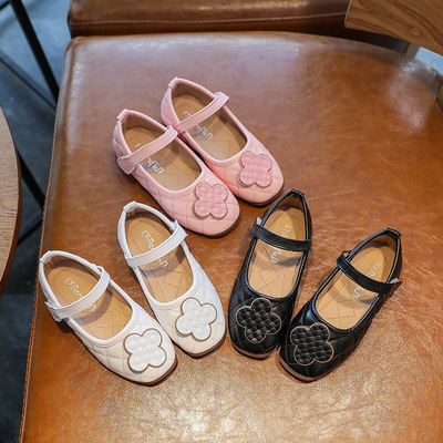 Girls' autumn fashion leather breathable single shoes New Girls' Flower Princess shoes cowhide sole leather shoes