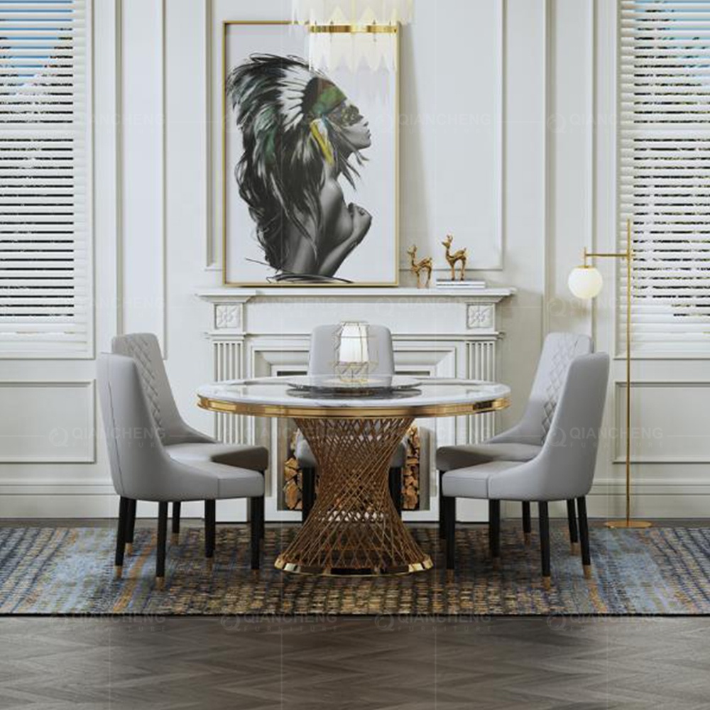 luxury marble dining room table and chairs stainless steel base with touch of gold round kitchen dining table set