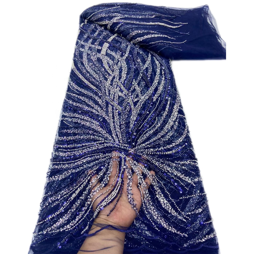 Navy Blue Beaded Lace Fabric Luxury African Nigerian Sequin Embroidery Tulle Lace Fabric For Bridal Wedding Dresses