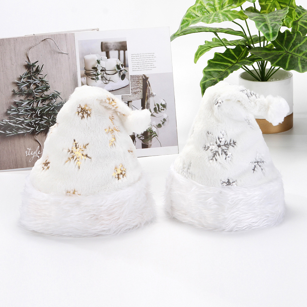 White plush Christmas hat gold and silver flake snowflake embroidered adult holiday Christmas hat