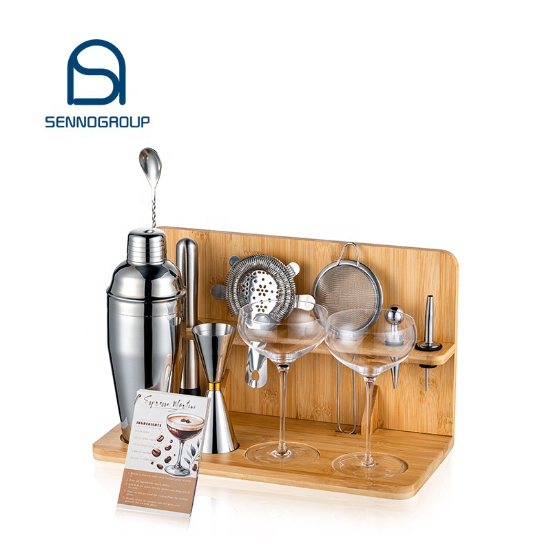 Luxury Cocktail 12 Piece Sets Barware Jigger Bar Spoon Glass Martini Shaker Bartending Sets With Bamboo Stand