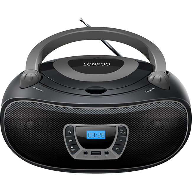 Portable CD player boombox with FM Radio/USBAUX Input and Earphone Jack Output, Stereo Sound Speaker & Audio Player Black