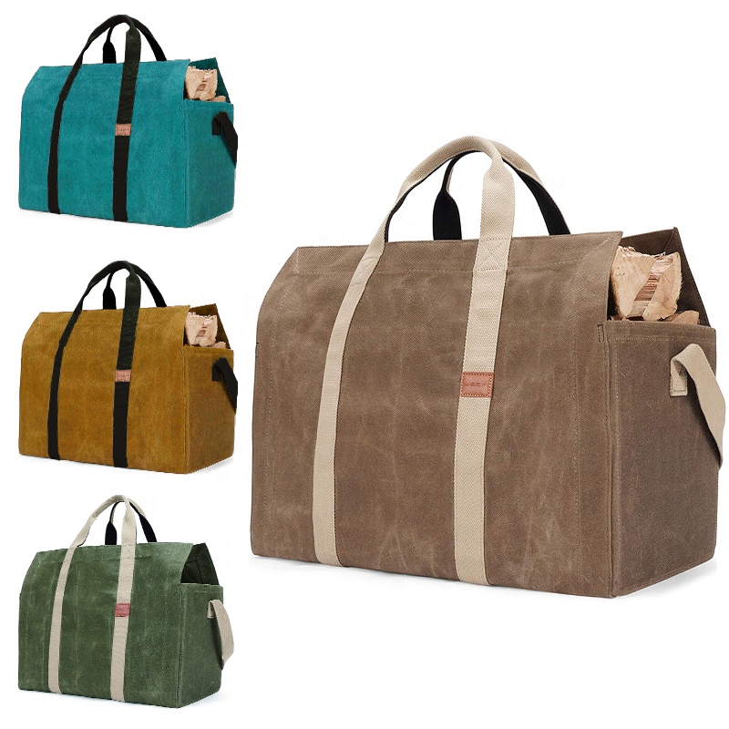 Custom Outdoor Large waterproof Waxed Canvas Fireplace Firewood Log Carrier Bag