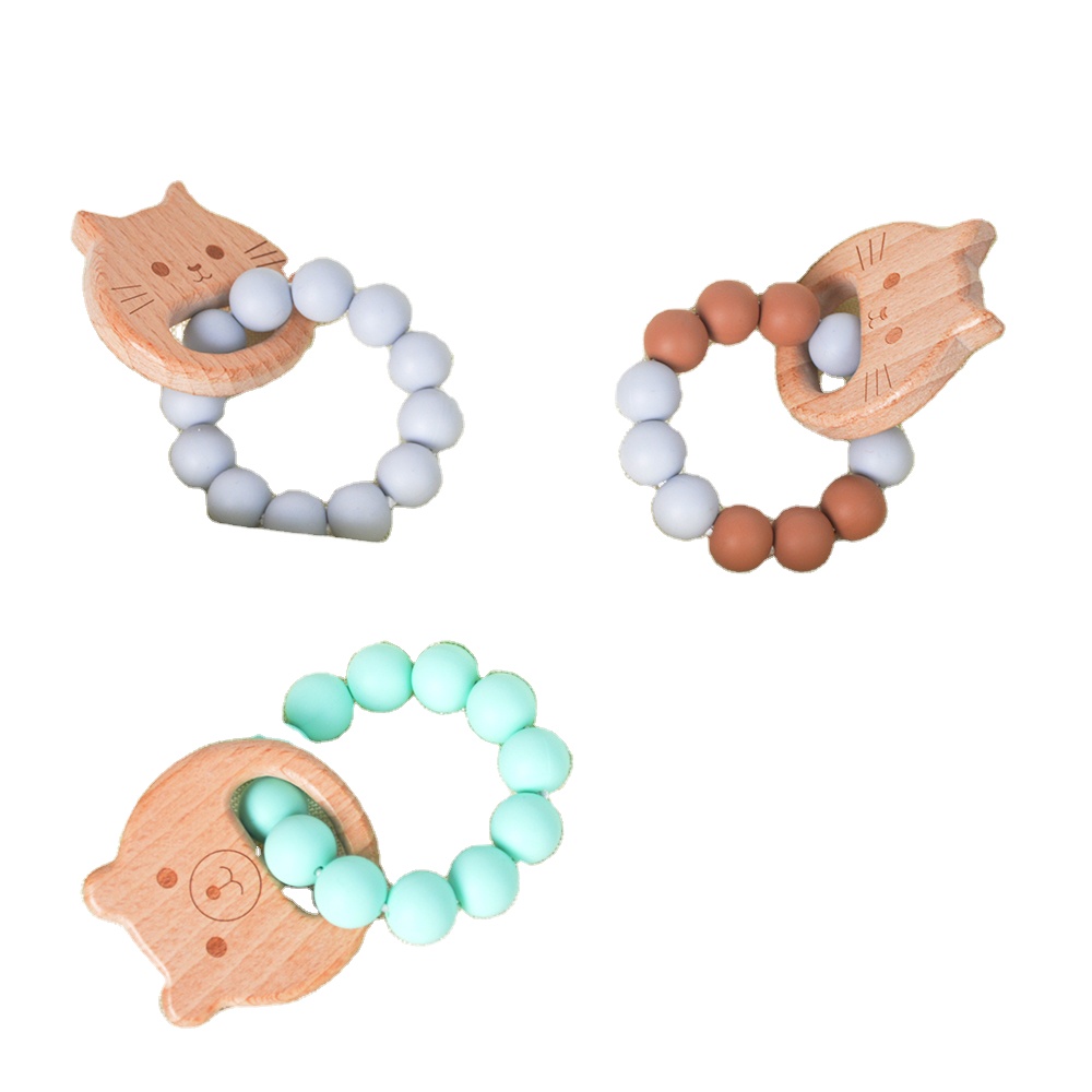 2021 Logo Custom Non-Toxic Wooden Silicone Baby Teething Teether Animal Baby Silicone Wooden Beads Teether