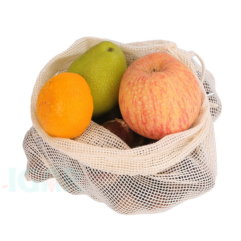 SMALL GRID Cotton Reusable Grocery Bags Net String Shopping Bag Produce Bags Foldable Set with single drawstring 33x28cm