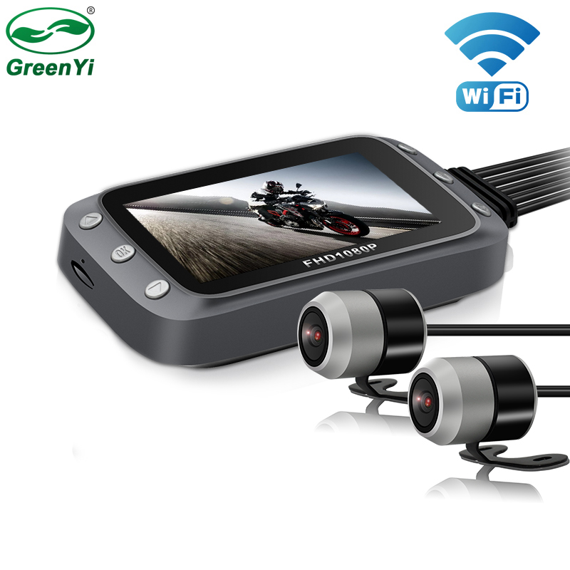 GreenYi Wi-Fi мотоцикл видеорегистратор Даш Cam Автомобильная 1080P + 1080P Full HD спереди зеркало заднего вида в байкерском стиле из водонепроницаемого материала в камера GPS регистратор коробка