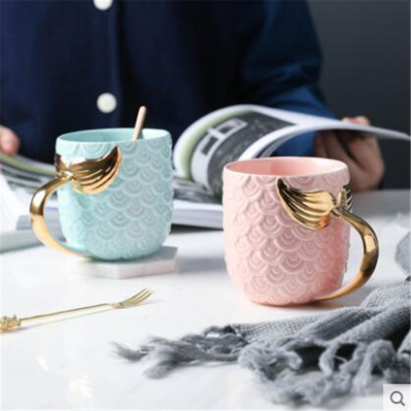 2021 Ins new design mermaid pattern glazed plain milk tea porcelain cup pink tazas travel ceramic coffee mug with gold handle