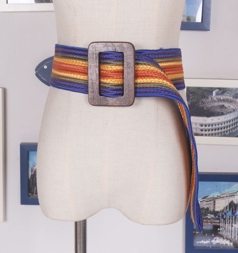 Tourism resort ethnic wind Bohemia patchwork color personality mixed color big wood buckle adjustable wide waist sealing belt fe
