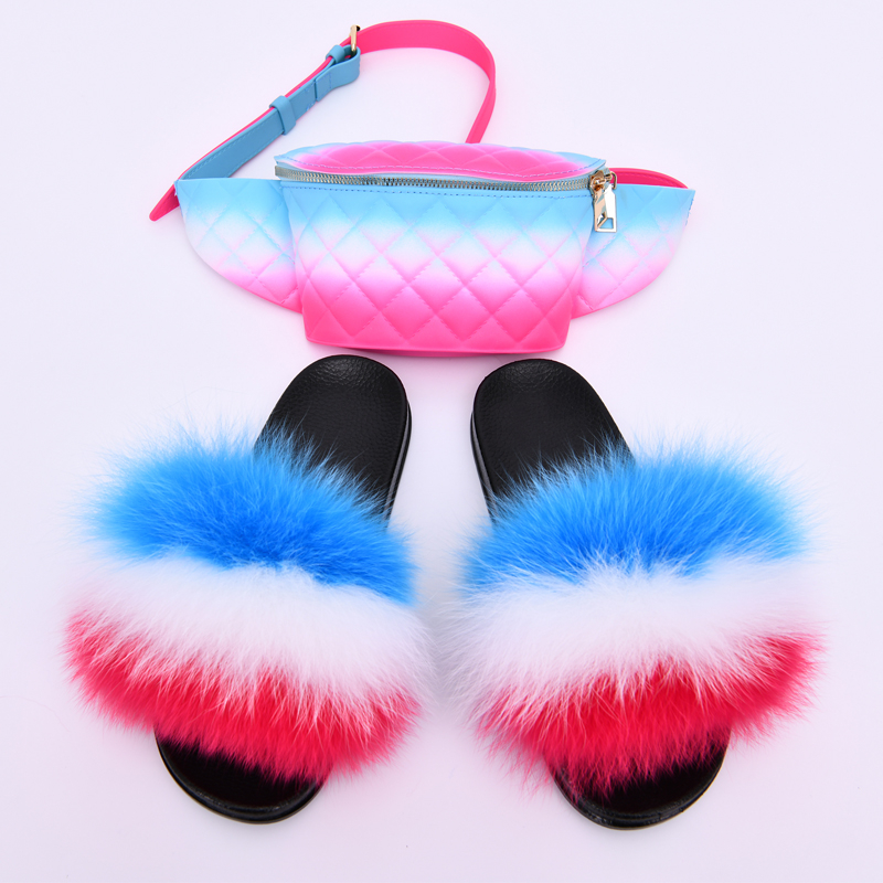 New Arrival Women Fashion Genuine Fluffy Fur Slides Fanny Pack Set Customize Luxury Big Fur Slides