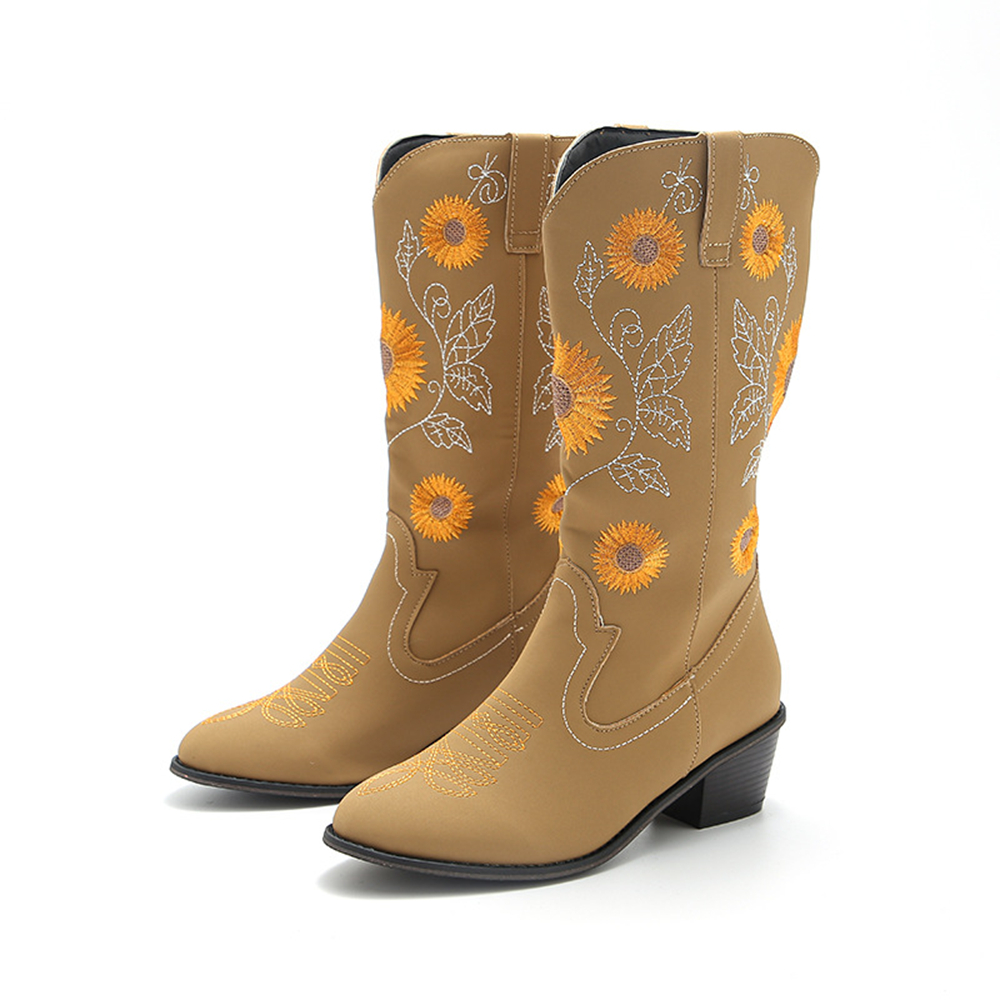 Women Mid Calf Boots Western Knee High Boots Chunky Heels Cowgirl Sunflower Printed Boots Embroidered Women Booties