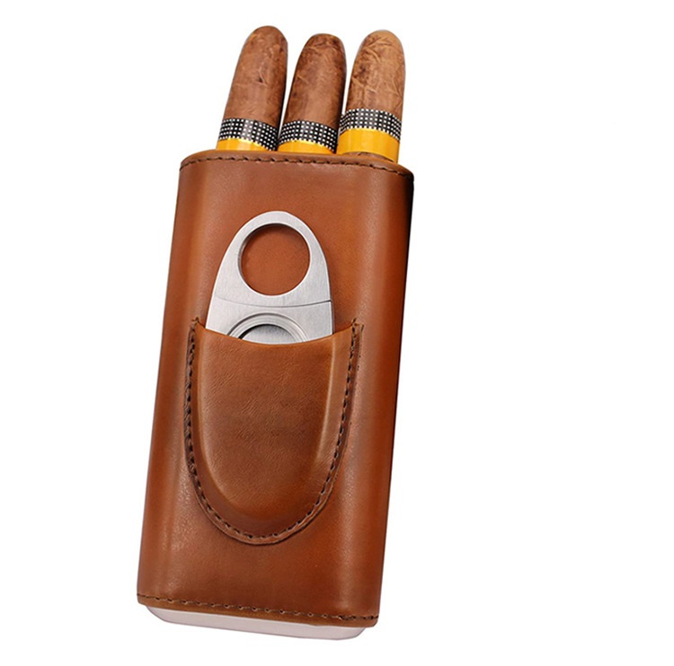 Custom Logo Portable Cigar Case Travel Leather Wiht Cigar Cutter Top Quality 3- Finger Brown Leather Cigar Case In Bulk
